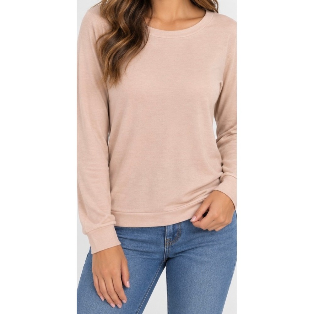 Womens Open Back Crossover Bow Long Sleeve Top Blush Pink Size-S